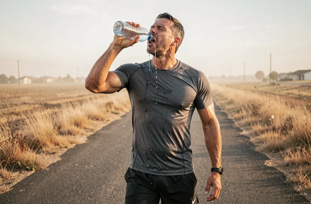 Coureur masculin s'hydratant en versant de l'eau sur son visage par temps de canicule