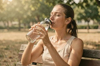 Femme buvant de l'eau en bouteille dans un parc par forte chaleur estivale