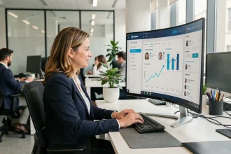 Une professionnelle des ressources humaines analyse des données de recrutement générées par intelligence artificielle sur un écran dans un open space moderne