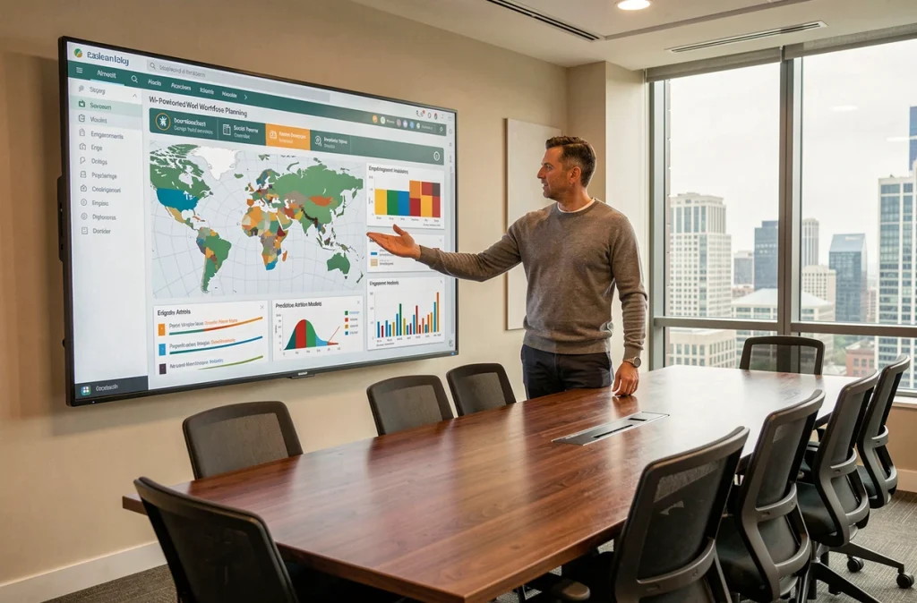 Un responsable RH présente un tableau de bord de planification des effectifs alimenté par intelligence artificielle lors d'une réunion d'entreprise