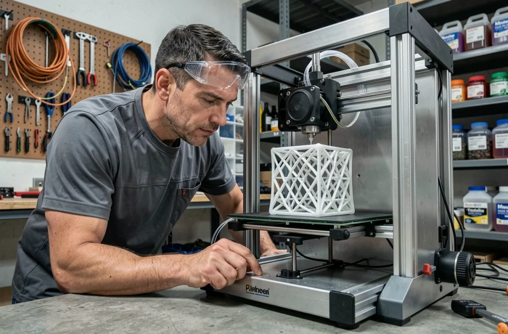 Ingénieur surveillant une imprimante 3D professionnelle en fonctionnement dans un espace de fabrication industriel