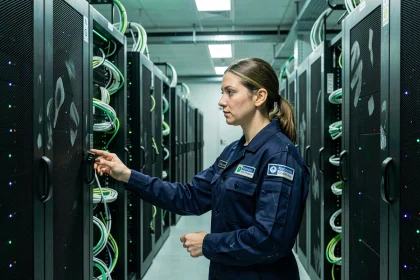 Ingénieure inspectant des serveurs dans un datacenter certifié écologique, illustrant l'empreinte carbone du cloud et les solutions de stockage vert