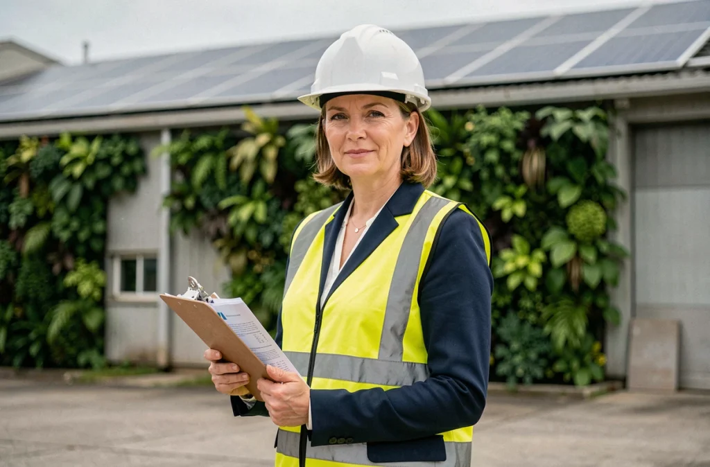 Ingénieure sur un site industriel équipé de panneaux solaires et de murs végétalisés dans le cadre d'une démarche RSE
