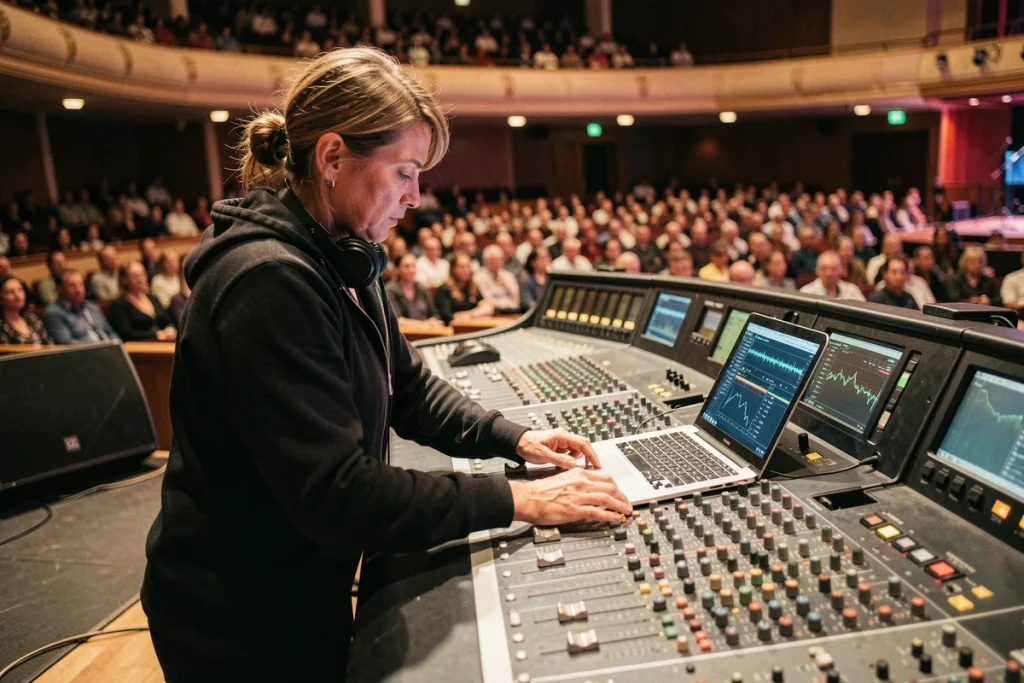 Ingénieure du son réglant l'égalisation d'une guitare Atlantic à la console de mixage lors d'un concert