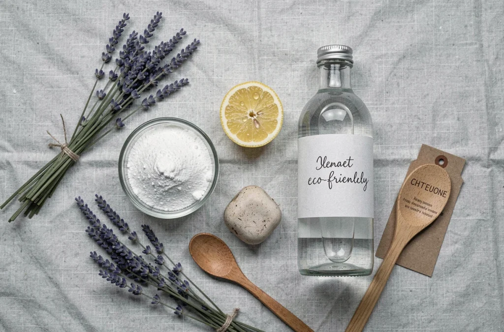 Vue de dessus des trois ingrédients naturels pour produits ménagers écologiques : bicarbonate, vinaigre blanc et citron sur tissu de lin gris