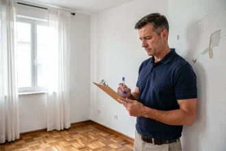 Inspecteur immobilier réalisant un état des lieux dans un appartement vide, examinant les murs et prenant des notes sur un clipboard