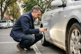 Homme inspectant la carrosserie d'une voiture d'occasion dans un parking résidentiel avant achat