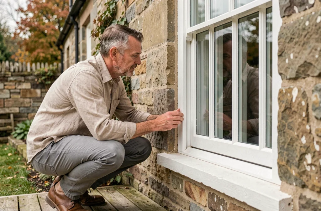 Homme inspectant le joint d'étanchéité extérieur d'une fenêtre en bois sur une maison de campagne pour vérifier l'isolation