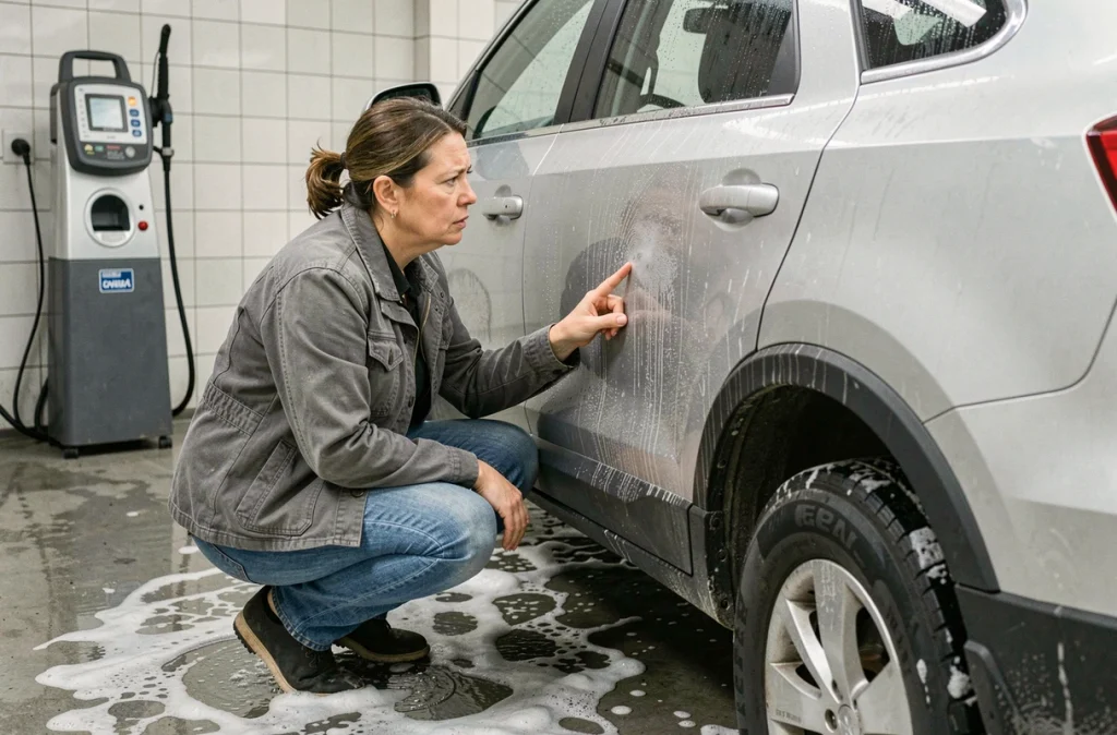 Femme inspectant la peinture de son SUV argenté après un passage au nettoyeur haute pression dans une station de lavage libre-service