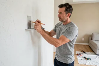Homme installant une étagère murale en marquant les points de perçage sur une cloison blanche avec un crayon