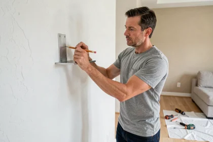 Homme installant une étagère murale en marquant les points de perçage sur une cloison blanche avec un crayon