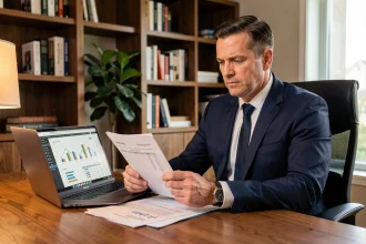 Investisseur immobilier consultant des documents fiscaux liés à un investissement locatif dans un bureau moderne