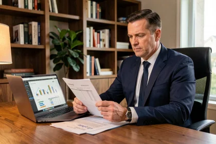 Investisseur immobilier consultant des documents fiscaux liés à un investissement locatif dans un bureau moderne