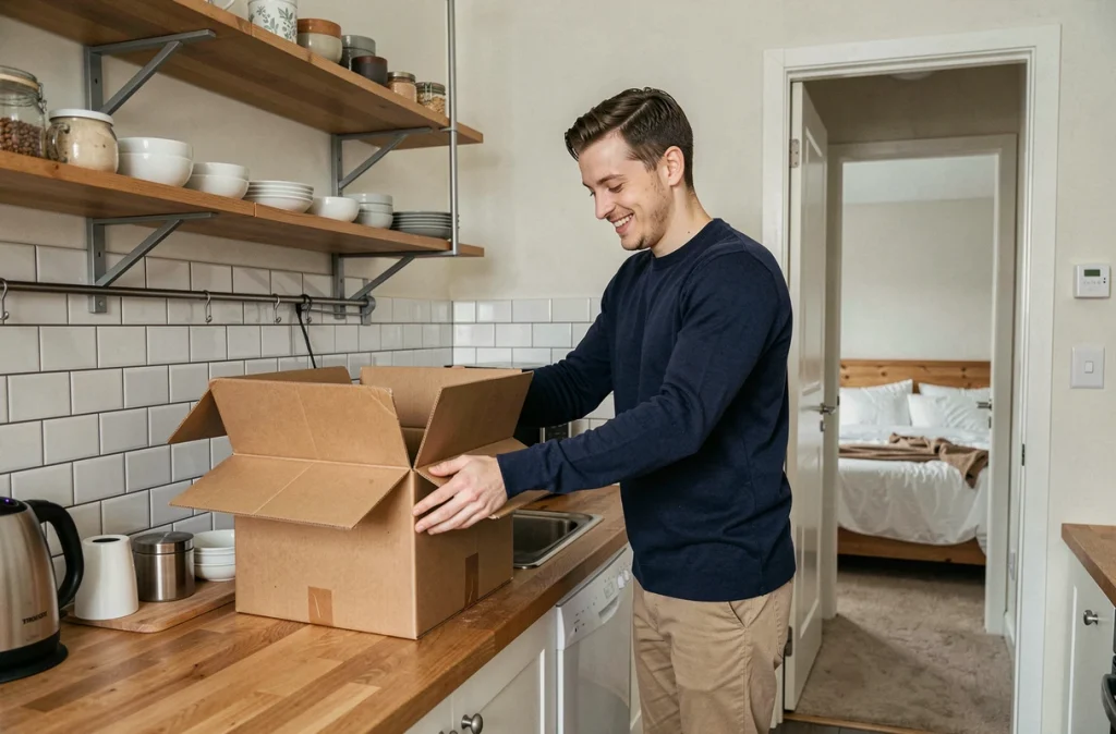Jeune actif emménageant dans un appartement meublé, déballant des affaires dans une cuisine moderne