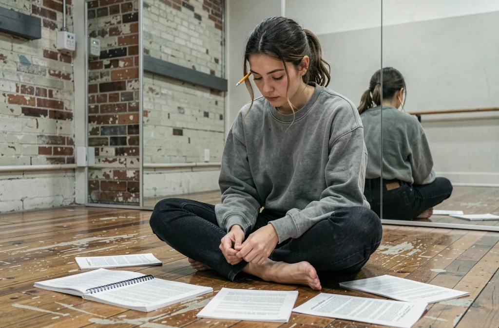 Jeune actrice américaine étudiant son texte sur le sol d'une salle de répétition avec des pages de script éparpillées autour d'elle