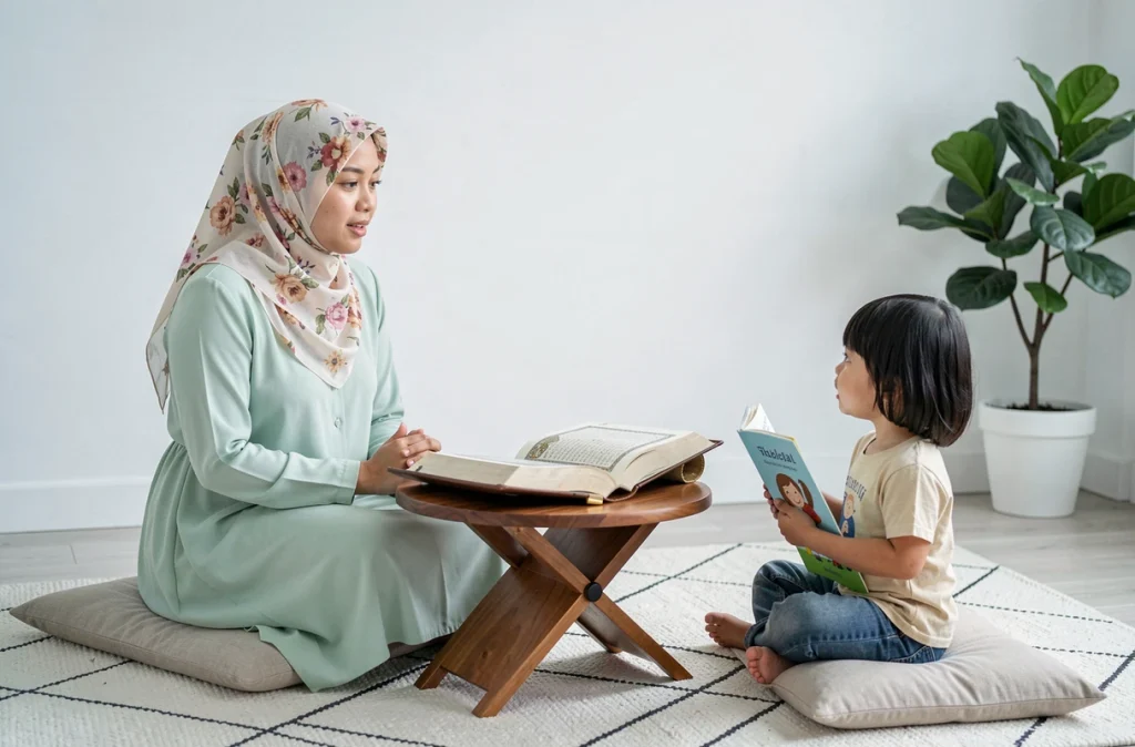 Jeune femme voilée enseignant la récitation du Coran à une petite fille dans une chambre minimaliste