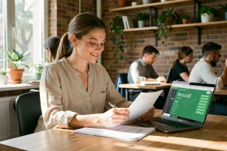 Jeune femme active consultant des documents sur l'épargne solidaire dans un espace de coworking moderne