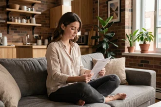 Jeune femme active lisant un contrat de location dans un appartement meublé moderne et chaleureux