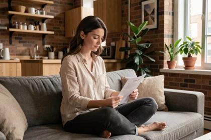 Jeune femme active lisant un contrat de location dans un appartement meublé moderne et chaleureux