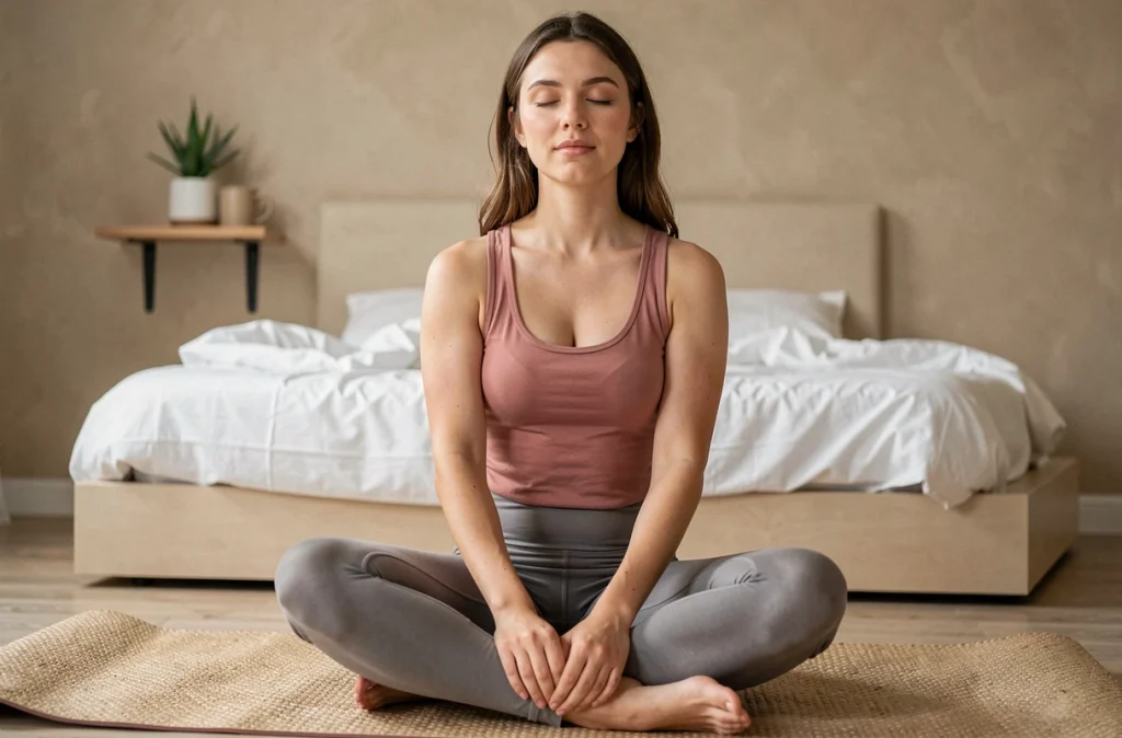 Jeune femme méditant sur un tapis de yoga dans sa chambre d'appartement urbain