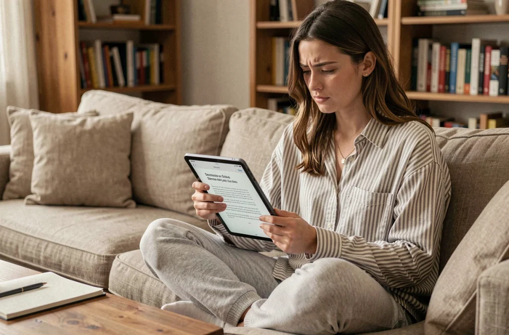 Jeune femme lisant attentivement un document en français sur sa tablette depuis son canapé, cherchant à corriger une faute d'orthographe courante