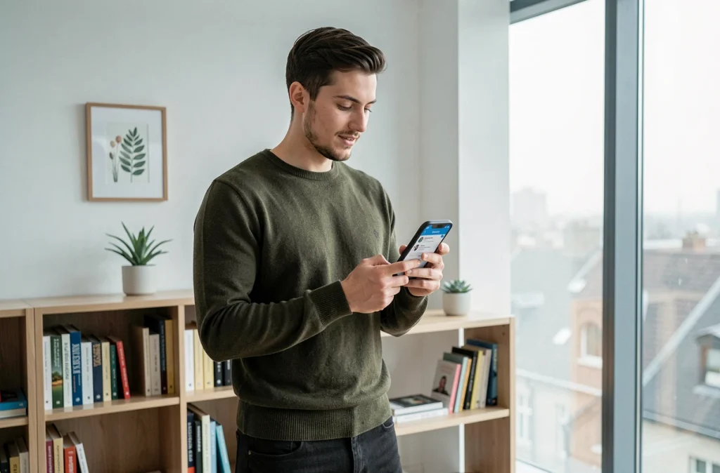 Jeune homme consultant une application d'épargne solidaire sur smartphone dans son appartement moderne