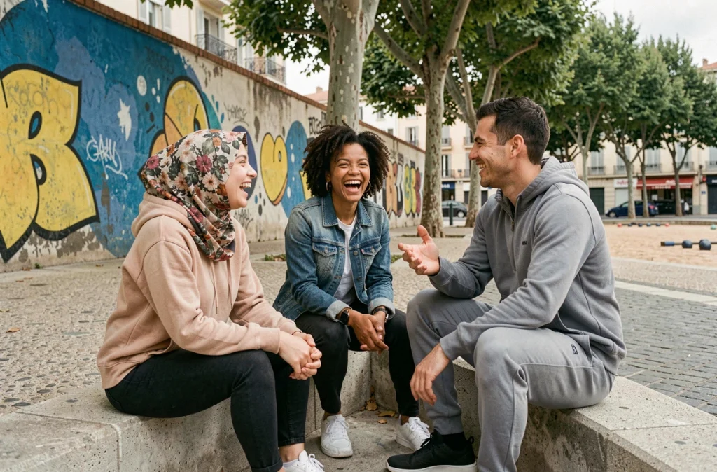 Jeunes adultes en discussion animée sur une place publique du quartier nord de Marseille devant une fresque murale colorée