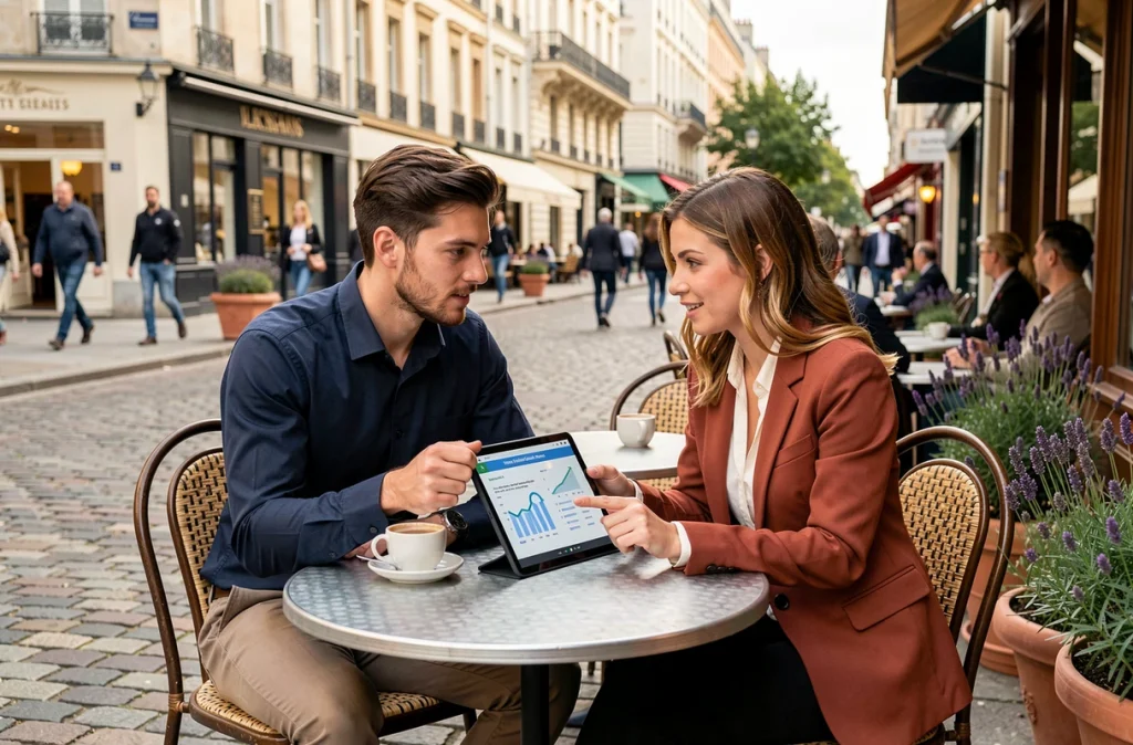 Deux jeunes professionnels discutant d'épargne solidaire autour d'un café en terrasse urbaine