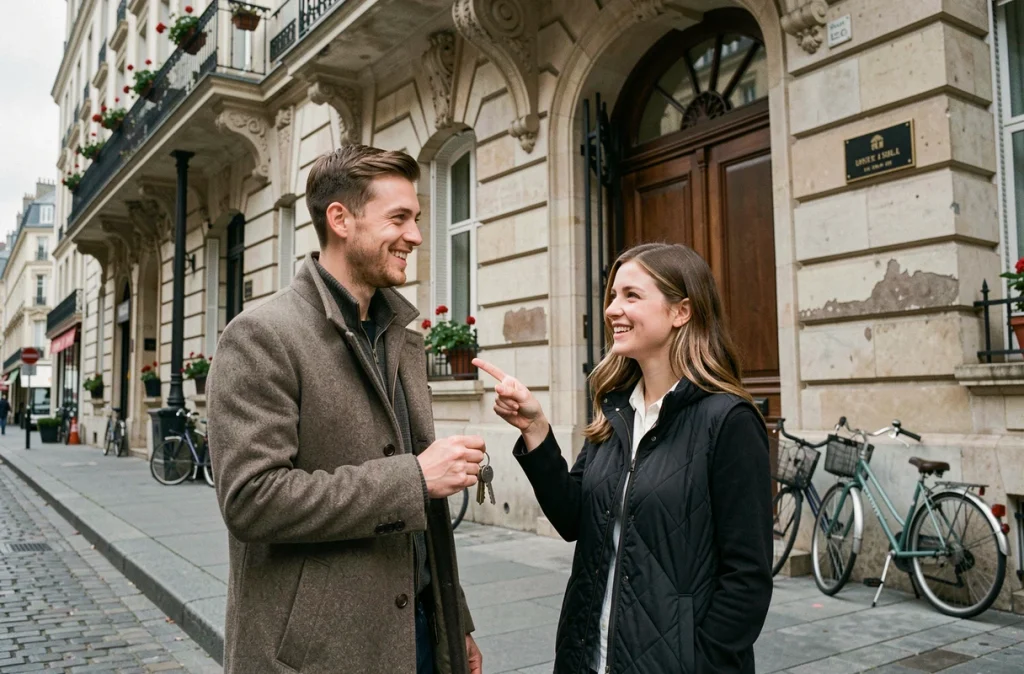 Deux jeunes professionnels découvrant leur futur appartement meublé devant un immeuble haussmannien parisien