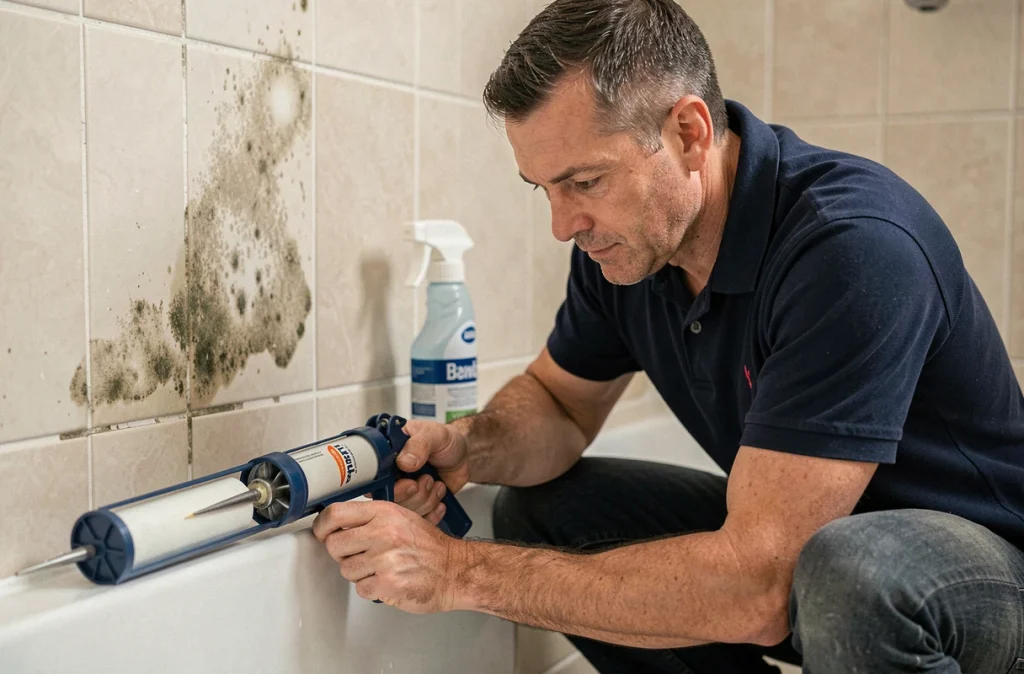 Homme appliquant un joint anti-moisissures autour d'une baignoire pour lutter contre l'humidité dans la salle de bains