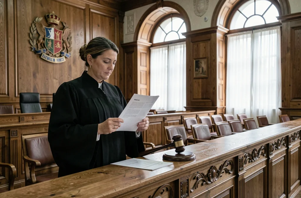Juge en robe noire consultant un document dans une salle d'audience française, symbolisant la décision de libération conditionnelle