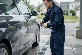 Technicien utilisant un nettoyeur haute pression sur la carrosserie d'une berline sombre, avec des gouttelettes d'eau visibles sur la peinture