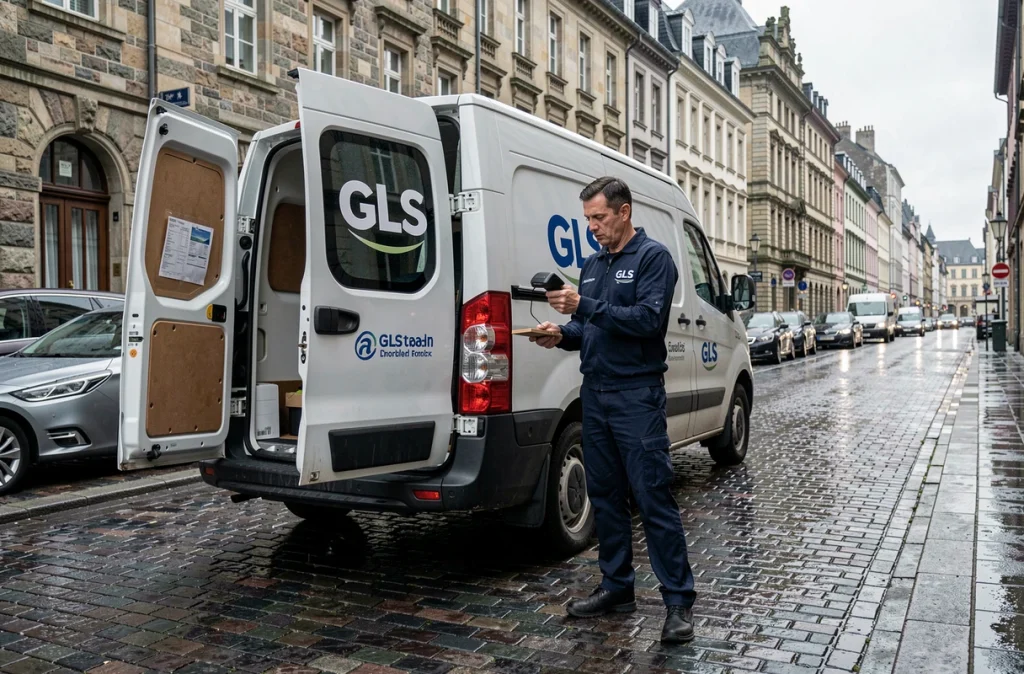 Livreur GLS devant son camion de livraison scannant un colis bloqué dans une rue pavée