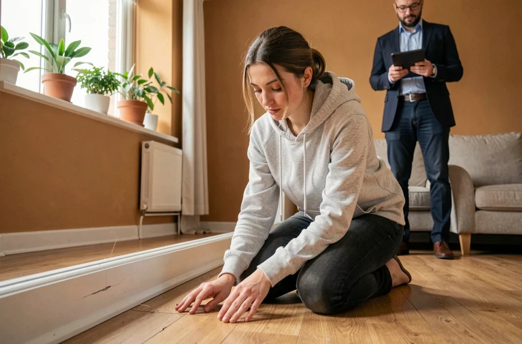 Locataire inspectant les dégradations au sol lors d'un état des lieux de sortie en présence d'un agent immobilier