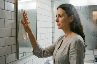 Femme essuyant la buée sur un miroir de salle de bains humide avec un chiffon en microfibre blanc
