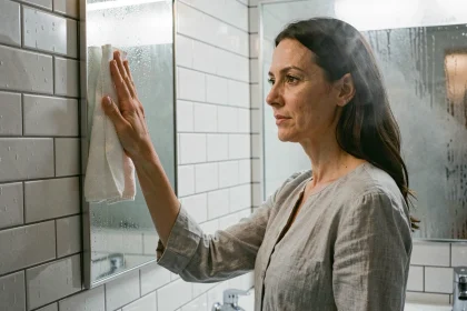Femme essuyant la buée sur un miroir de salle de bains humide avec un chiffon en microfibre blanc