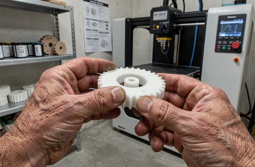 Gros plan sur les mains d'un artisan TPE tenant une pièce imprimée en 3D en nylon dans un atelier de fabrication