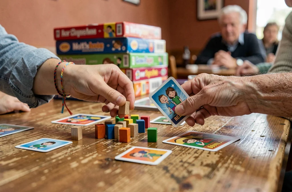 Gros plan de mains de différentes générations autour de pions colorés lors d'une partie de jeu de société
