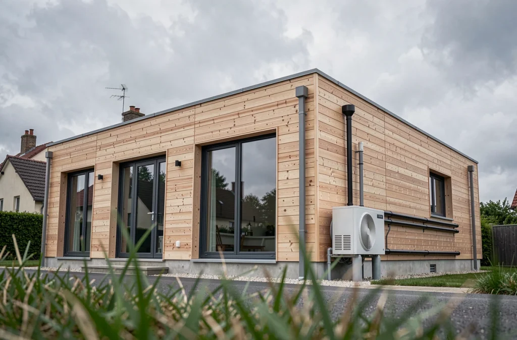 Maison individuelle à ossature bois à faible consommation énergétique respectant les nouvelles normes environnementales avec pompe à chaleur et récupération d'eau de pluie