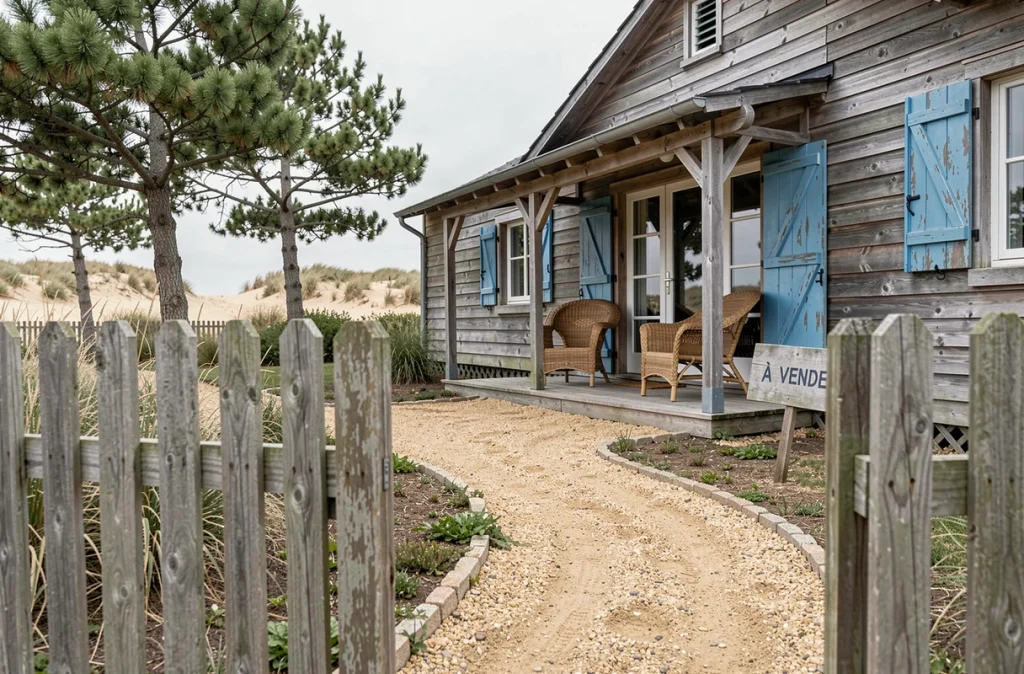 Maison de bord de mer avec volets bleus et panneau à vendre dans un jardin côtier atlantique, illustrant le dynamisme du marché des résidences secondaires en France