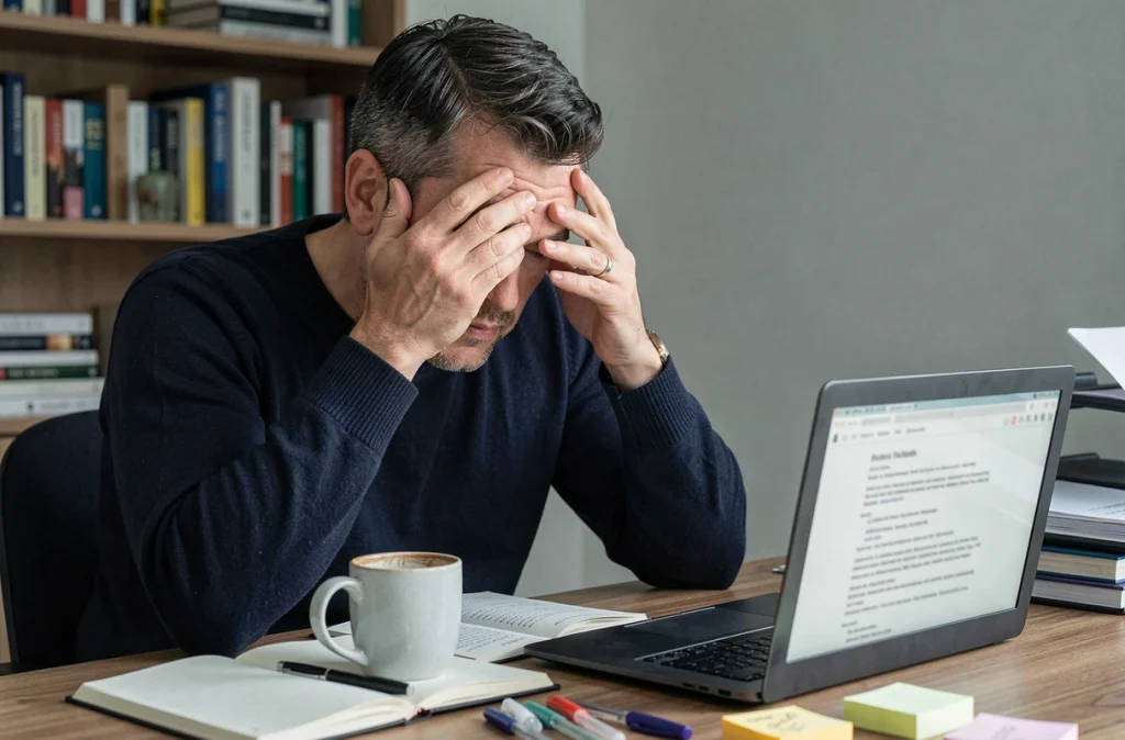 Homme fatigué à son bureau après une nuit de mauvais sommeil, illustrant les effets du manque de sommeil sur la concentration et la mémoire