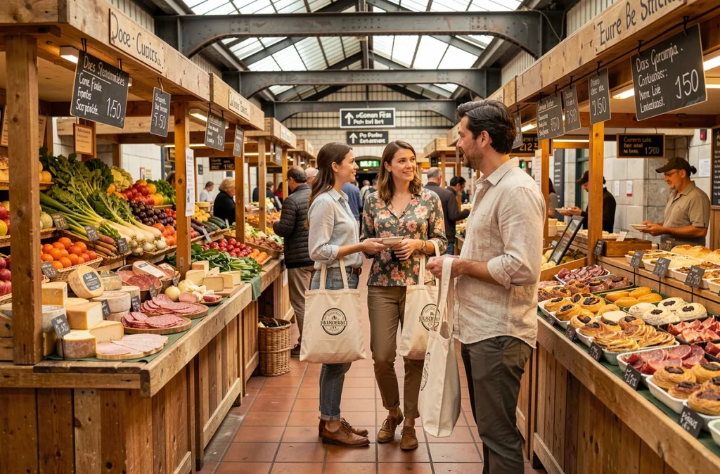Couple faisant leurs courses dans un marché couvert parisien proche d'une station de la ligne 14