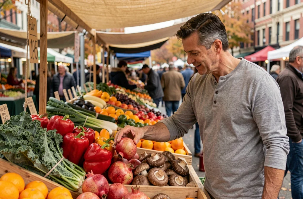 Homme choisissant des fruits et légumes riches en vitamines sur un marché en plein air pour renforcer ses défenses immunitaires