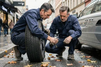 Mécanicien inspectant un pneu quatre saisons sur une voiture garée dans une rue urbaine mouillée en automne