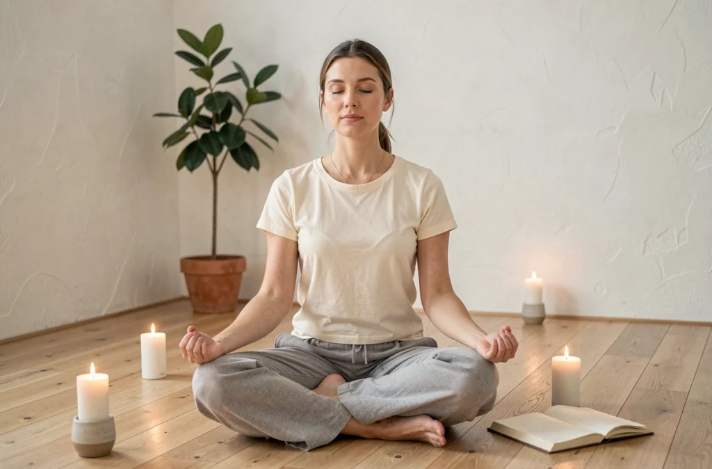 Une femme en méditation solitaire dans une pièce minimaliste, symbolisant le travail intérieur et la compréhension des liens karmiques et spirituels
