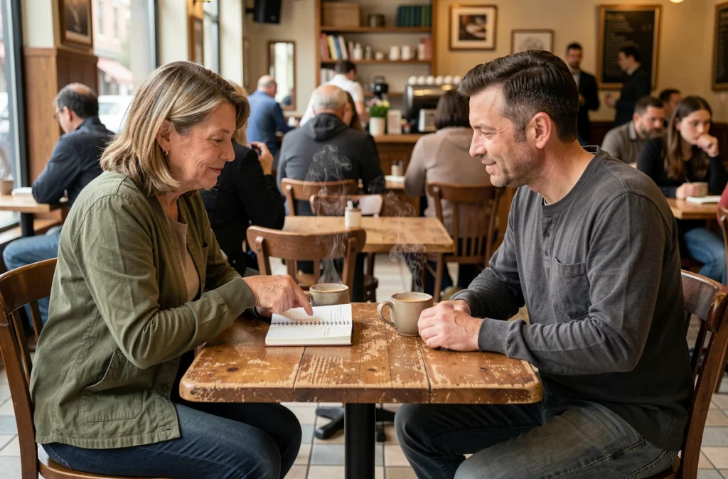 Deux adultes discutant de souvenirs dans un café, illustrant l'impact du sommeil sur la mémoire et les capacités cognitives au quotidien