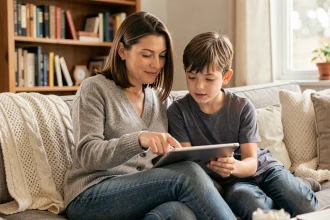 Mère et enfant regardant une tablette ensemble sur un canapé, illustrant la gestion bienveillante des écrans en famille