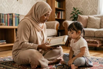 Mère voilée enseignant la lecture du Coran à sa fille sur un tapis de prière dans un salon chaleureux