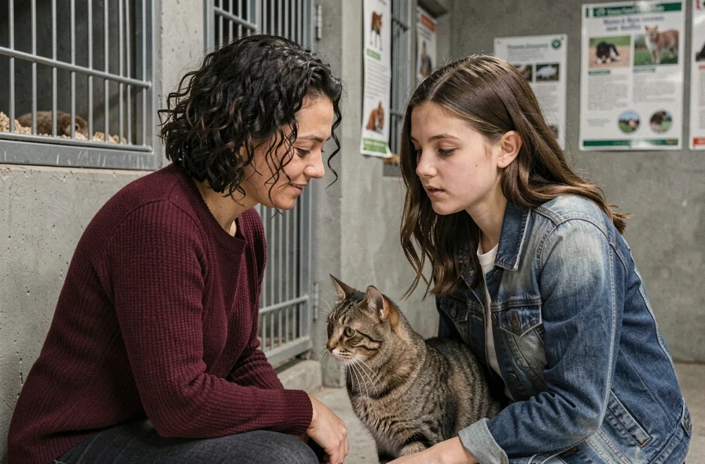 Une mère et sa fille adolescente observent un chat dans un refuge animalier, exprimant de la tendresse et de la curiosité lors d'une visite d'adoption