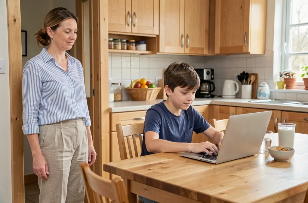 Mère observant son fils ranger son ordinateur portable après le temps d'écran dans une salle à manger familiale